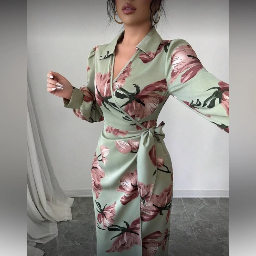 Floral Wrap Dress in Green and Pink